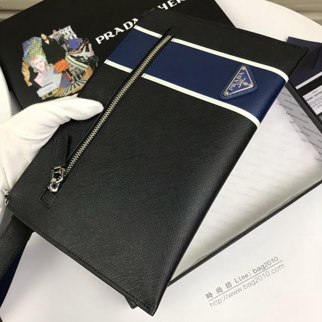 prada手包 普拉達新款皮革手拿包 2NH005 PRADA十字紋牛皮黑+藍手拿包  pyd2245